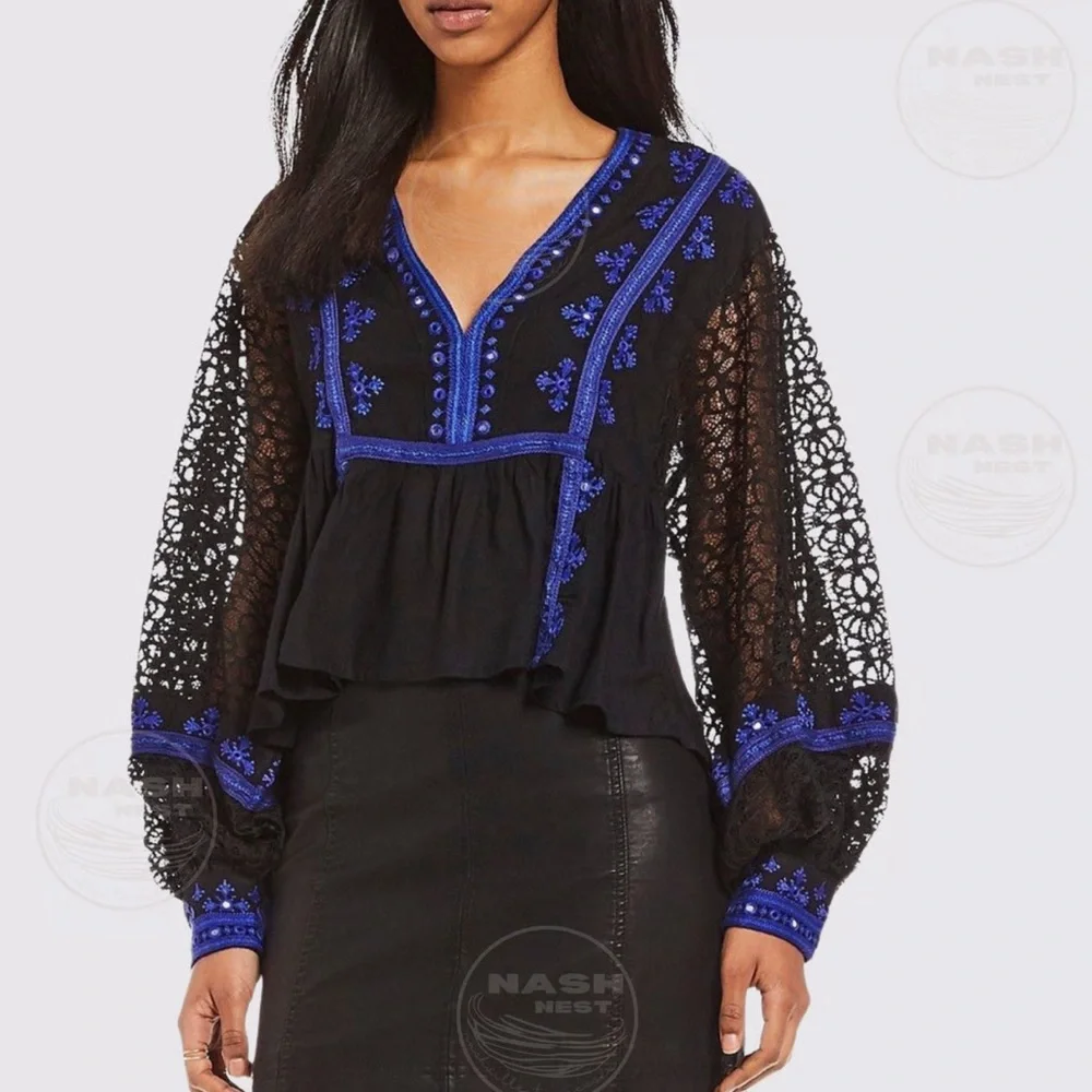 FREE‎ PEOPLE Boogie All Night Peasant Blouse Embroidered Mirror Lace Size Large